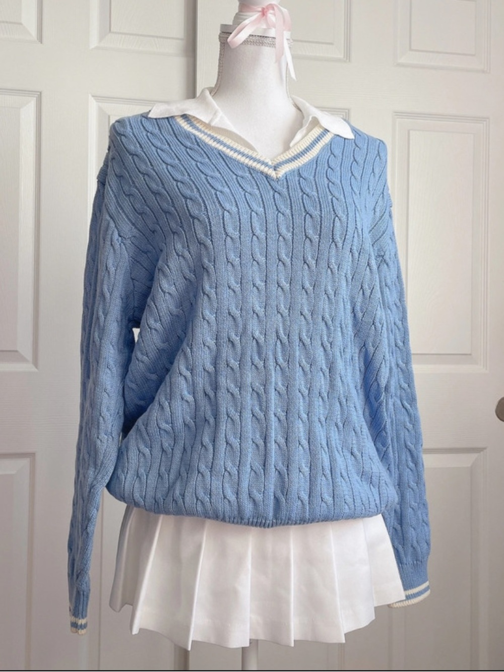 Brandy Light Blue Cable Knit V-Neck Sweater
